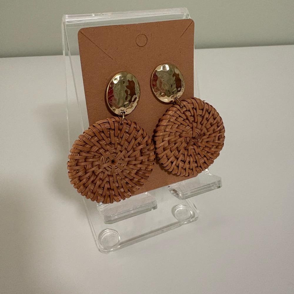 Woven Tan Earrings with Gold Accents